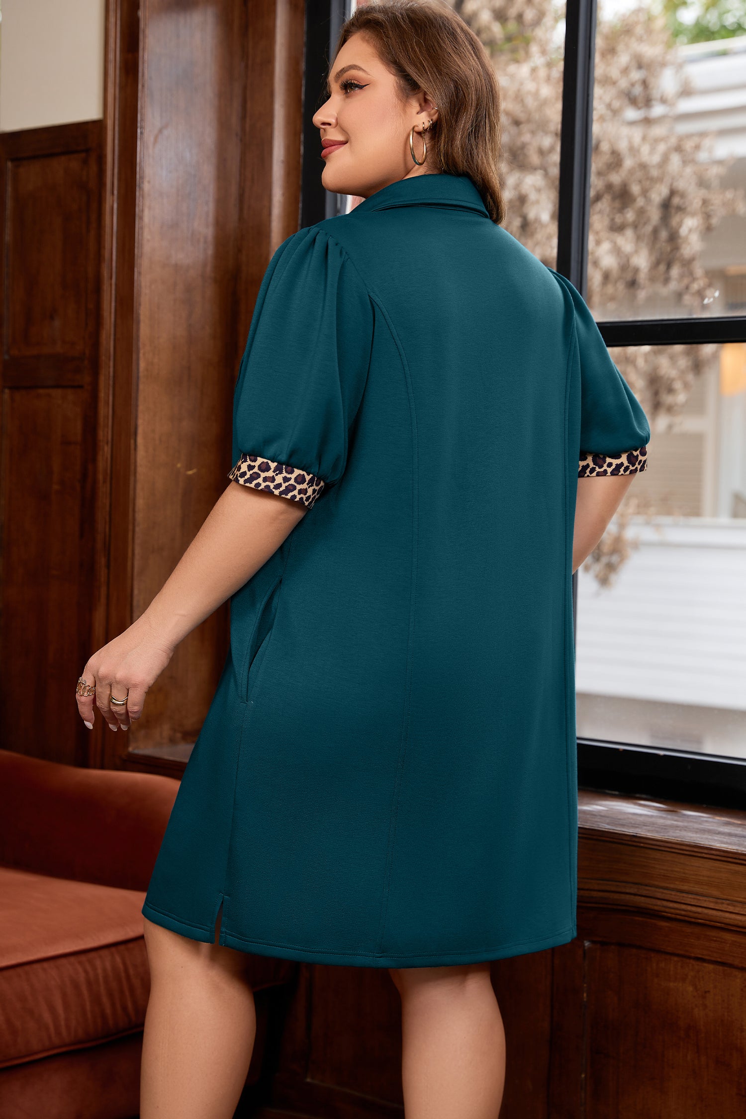 Sea Green Leopard Trim Quarter -Zip & Collared Mini Dress